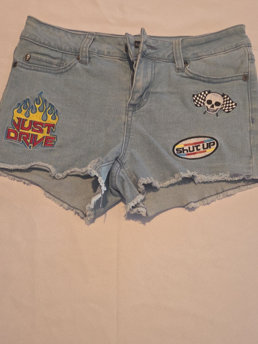 Blackheart Light Blue Denim Patchwork Embroidered Cutoff Shorts